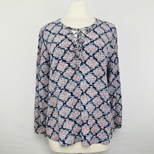 Daniel Rainn Womens L Top Blue Coral Tie Neckline Floral Elastic Cuff #C